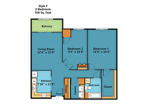 Floor plan for 2 beds, 1 bath, 926 sqft