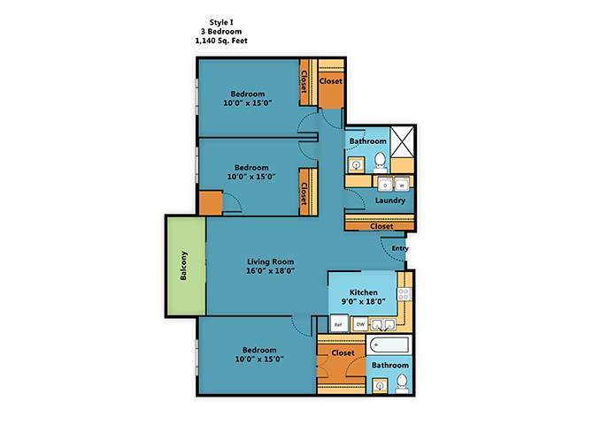 Floor plan for 3 beds, 2 baths, 1140 sqft