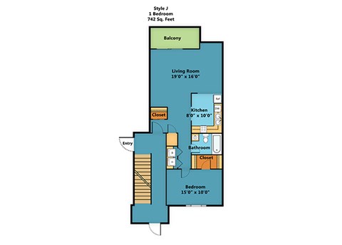 Floor plan for 1 bed, 1 bath, 742 sqft