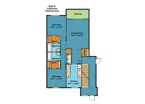 Floor plan for 2 beds, 2 baths, 1034 sqft