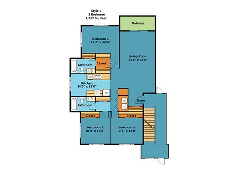 Floor plan for 3 beds, 2 baths, 1217 sqft