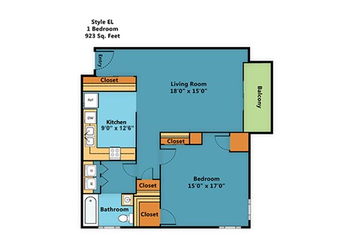Floor plan for 1 bed, 1 bath, 923 sqft
