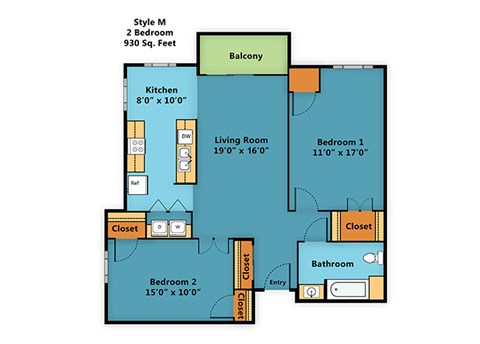 Floor plan for 2 beds, 1 bath, 930 sqft