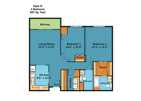 Floor plan for 2 beds, 2 baths, 987 sqft