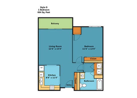 Floor plan for 1 bed, 1 bath, 664 sqft
