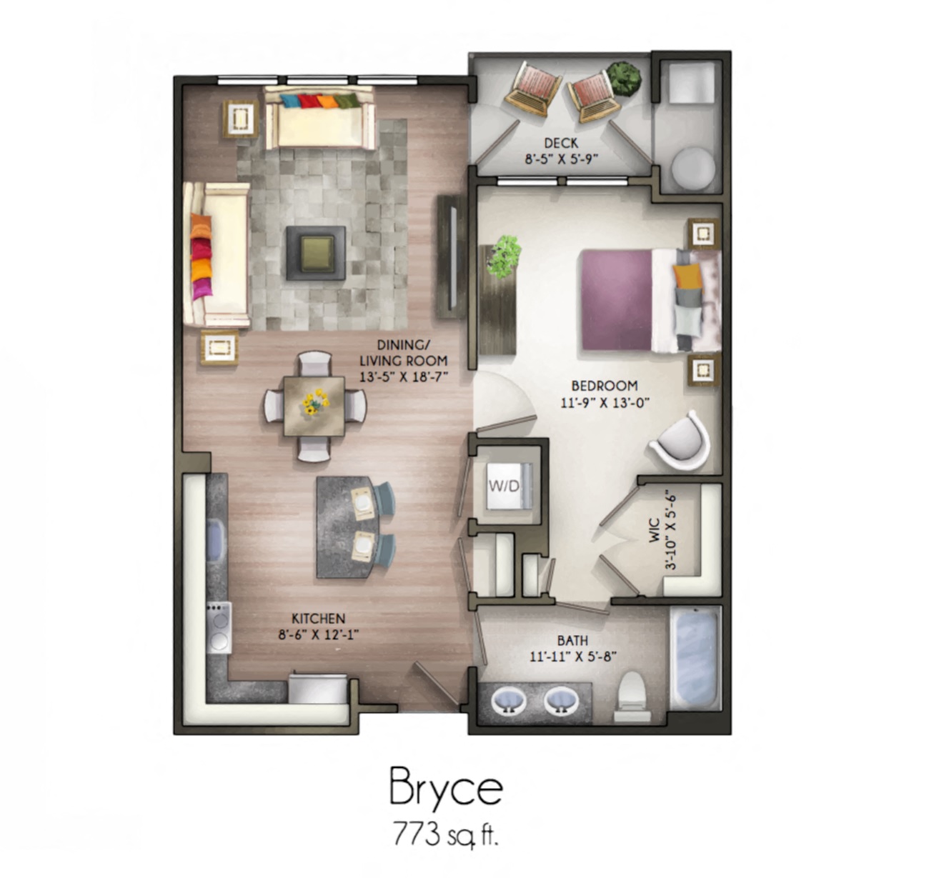 Floor plan for 1 bed, 1 bath, 773 sqft