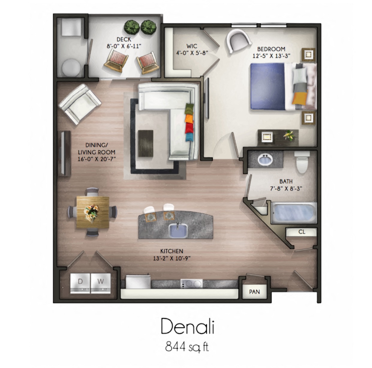 Floor plan for 1 bed, 1 bath, 844 sqft