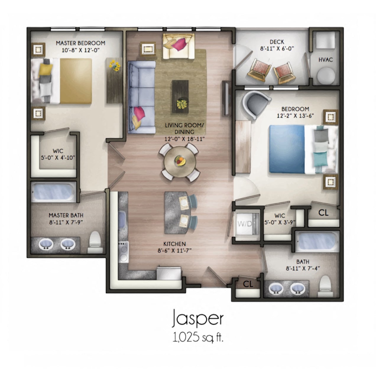 Floor plan for 2 beds, 2 baths, 1025 sqft