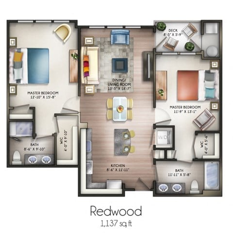 Floor plan for 2 beds, 2 baths, 1137 sqft