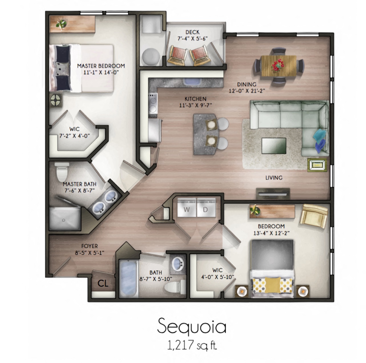Floor plan for 2 beds, 2 baths, 1217 sqft