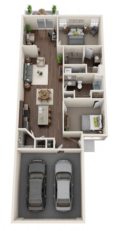 Floor plan for 2 beds, 2 baths, 1294 sqft