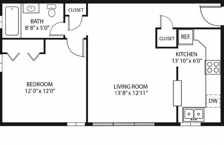Floor plan for 1 bed, 1 bath, 550 sqft