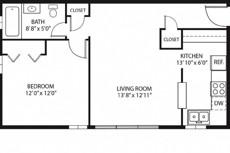 Floor plan for 1 bed, 1 bath, 550 sqft