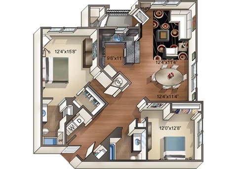 Floor plan for 2 beds, 2 baths, 1175 sqft