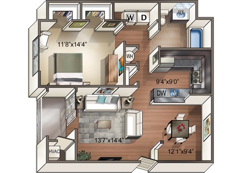 Floor plan for 1 bed, 1 bath, 857 sqft
