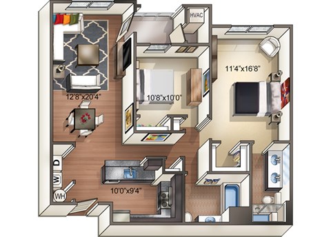 Floor plan for 2 beds, 2 baths, 1061 sqft