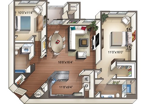 Floor plan for 2 beds, 2 baths, 1202 sqft