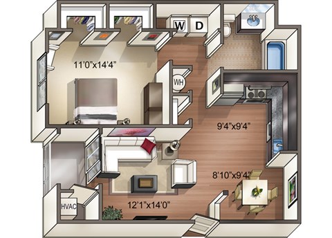 Floor plan for 1 bed, 1 bath, 766 sqft
