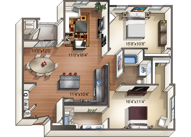 Floor plan for 2 beds, 2 baths, 1177 sqft