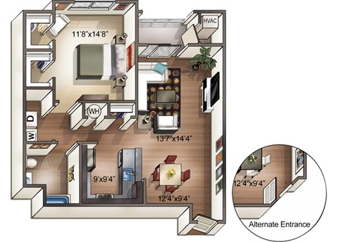 Floor plan for 1 bed, 1 bath, 880 sqft