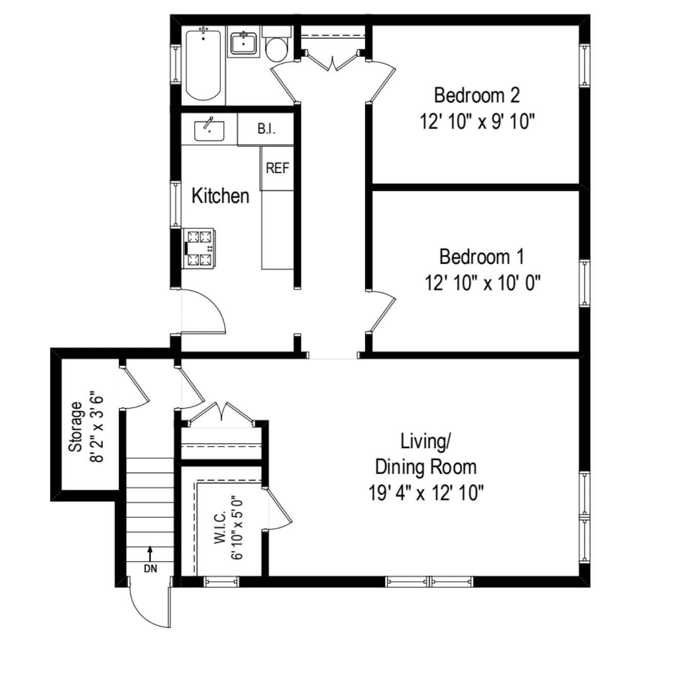 Floor plan for 2 beds, 1 bath, 860 sqft