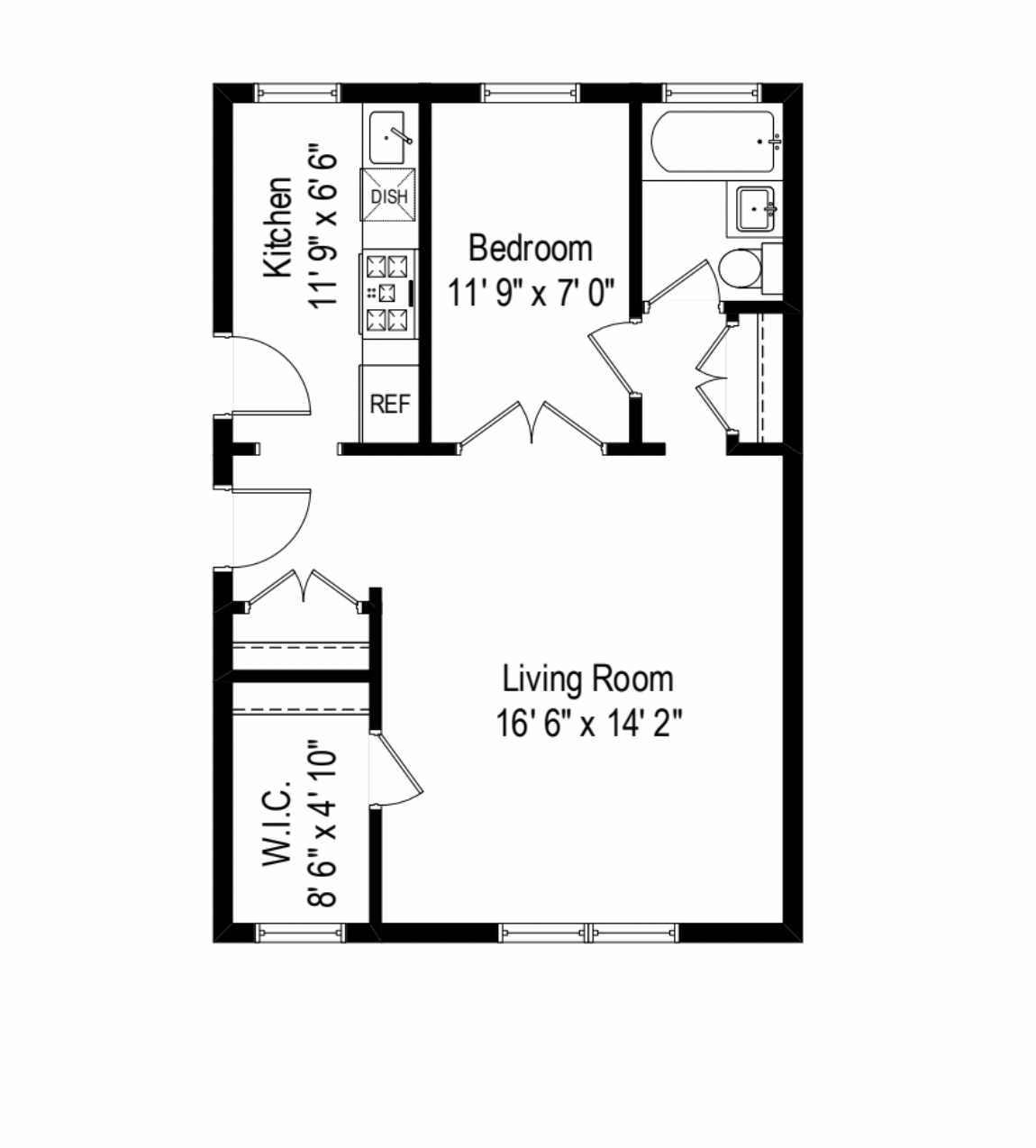 Floor plan for 1 bed, 1 bath, 520 sqft