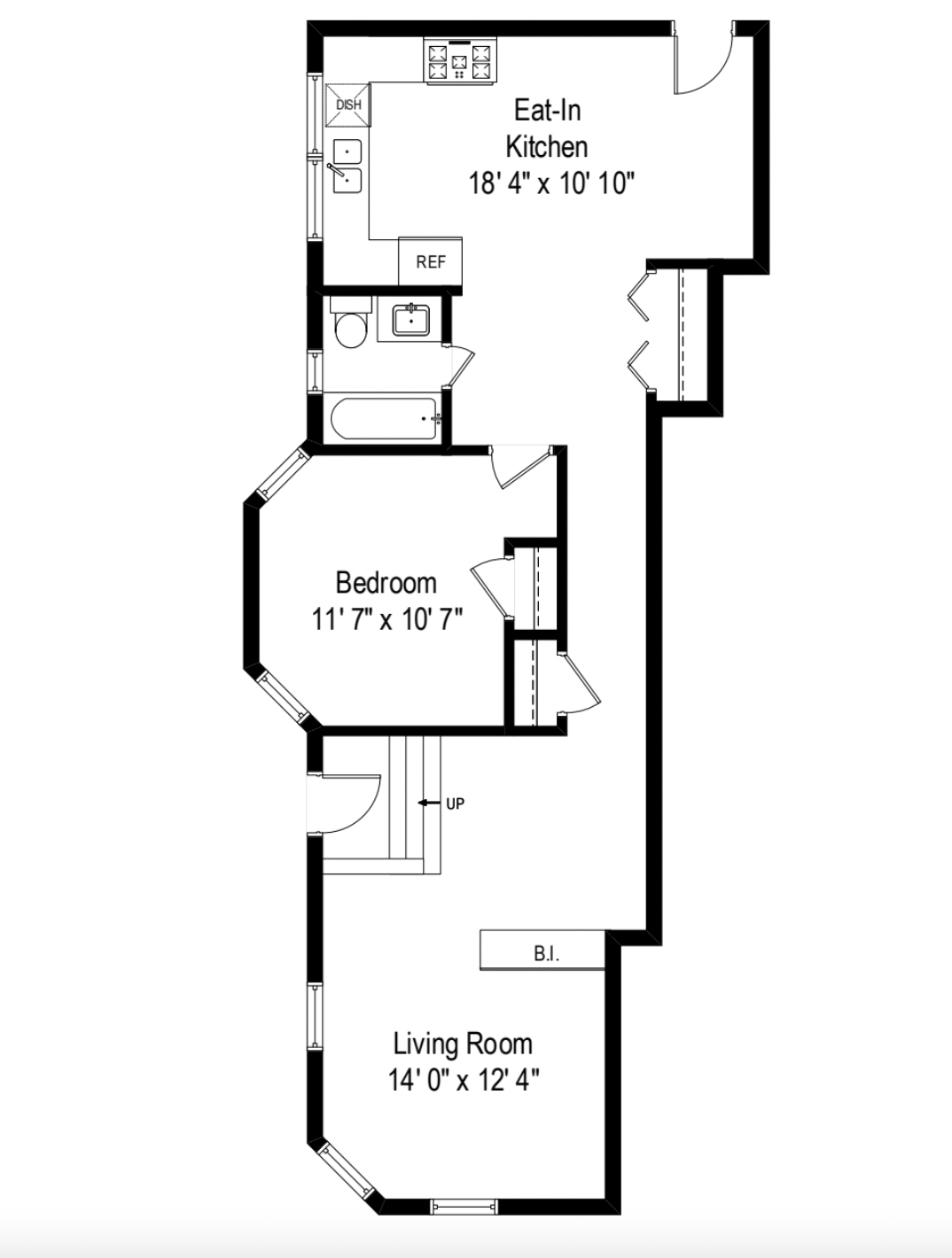 Floor plan for 1 bed, 1 bath, 900 sqft