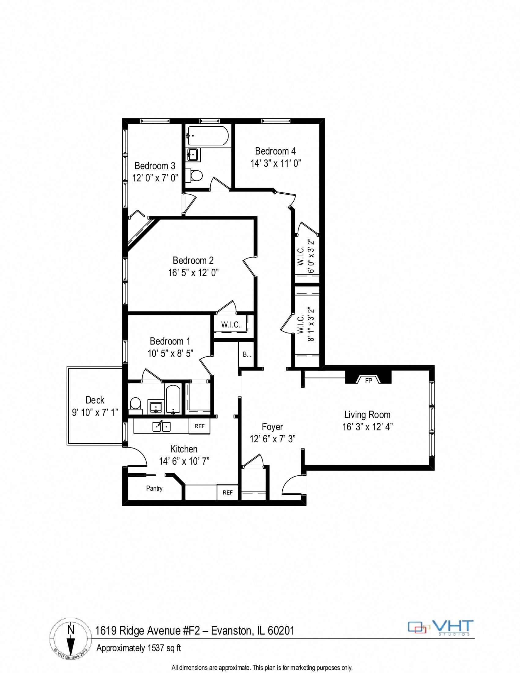Floor plan for 3 beds, 2 baths, 1500 sqft