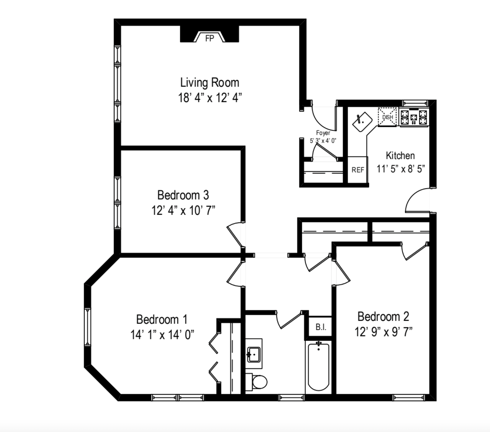 Floor plan for 3 beds, 1 bath, 1200 sqft