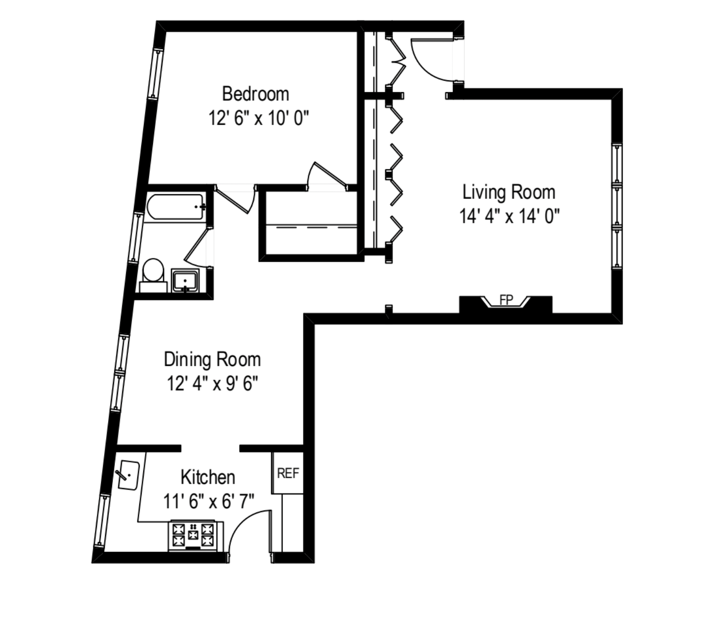Floor plan for 1 bed, 1 bath, 750 sqft
