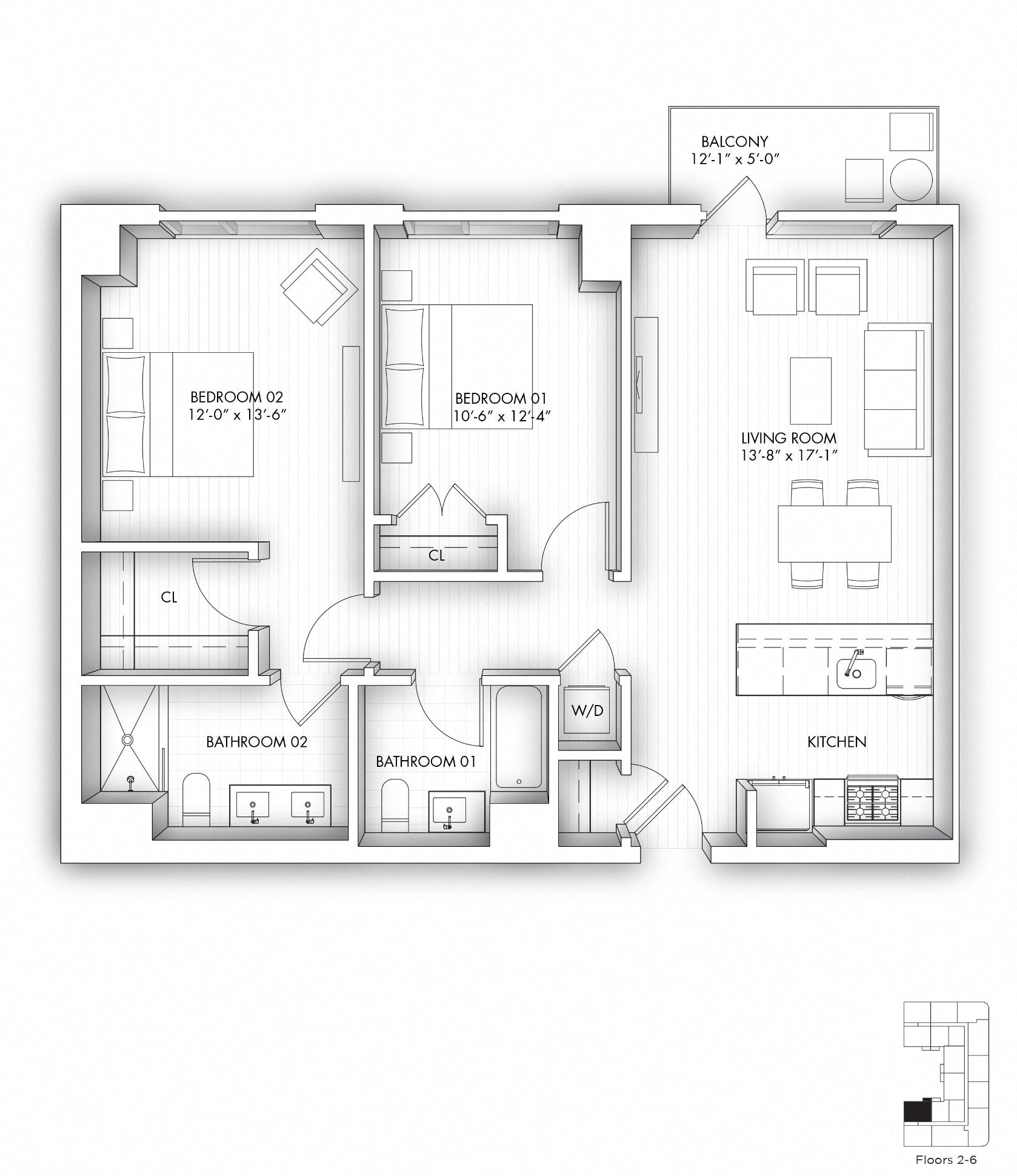 Floor plan for 2 beds, 2 baths, 1066 sqft
