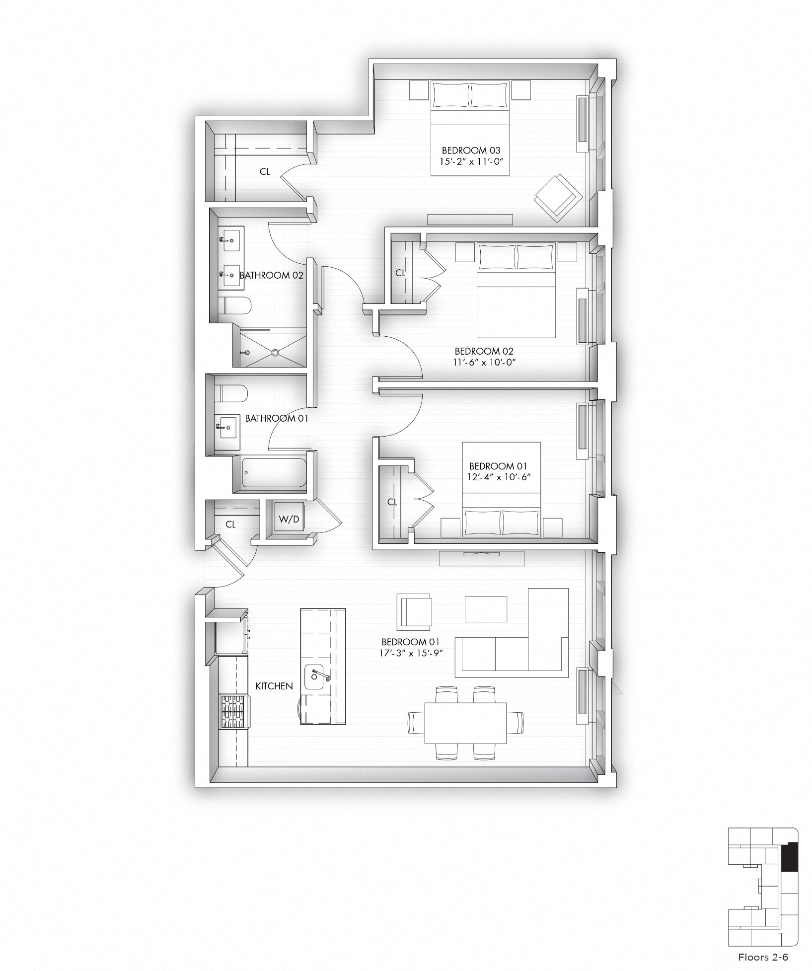 Floor plan for 3 beds, 2 baths, 1350 sqft