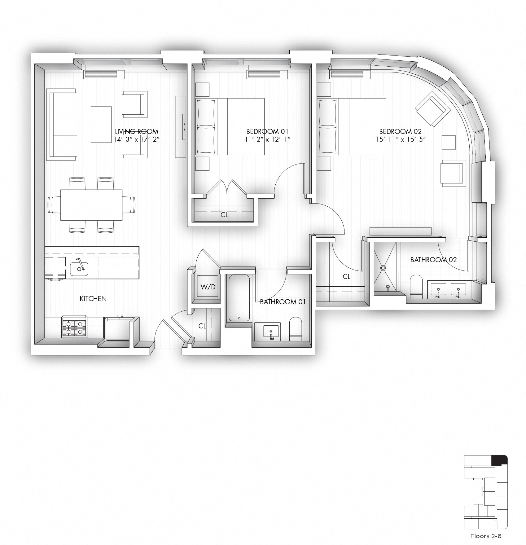 Floor plan for 2 beds, 2 baths, 1134 sqft