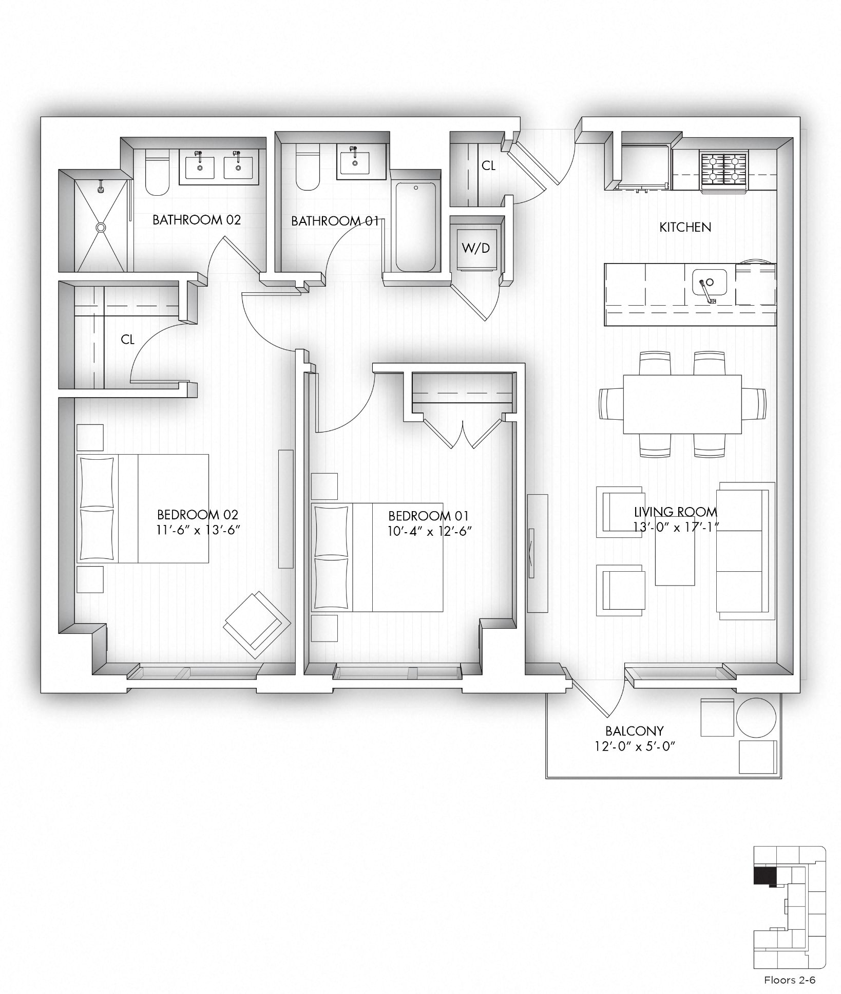 Floor plan for 2 beds, 2 baths, 1029 sqft