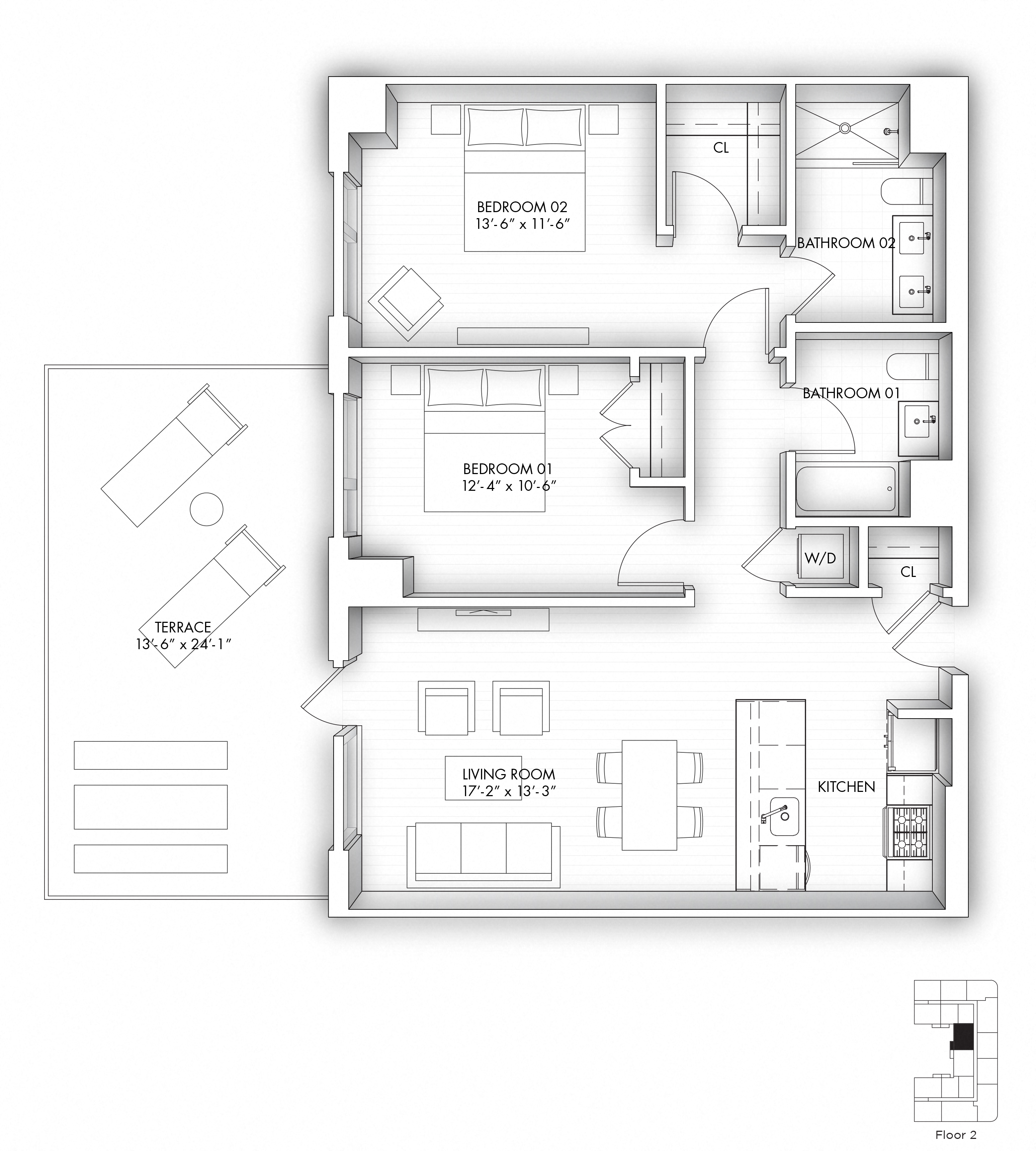 Floor plan for 2 beds, 2 baths, 1033 sqft