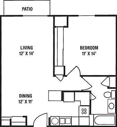 Floor plan for 1 bed, 1 bath, 740 sqft