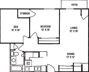 Floor plan for 1 bed, 1 bath, 886 sqft