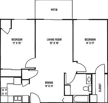 Floor plan for 2 beds, 1 bath, 960 sqft