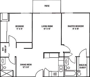 Floor plan for 2 beds, 2 baths, 971 sqft