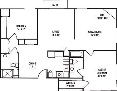 Floor plan for 2 beds, 2 baths, 1265 sqft