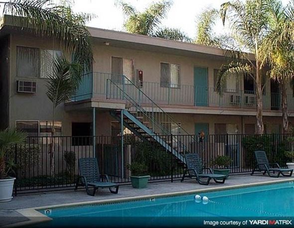 La Habra apartment for rent - an apartment building with a swimming pool and palm trees