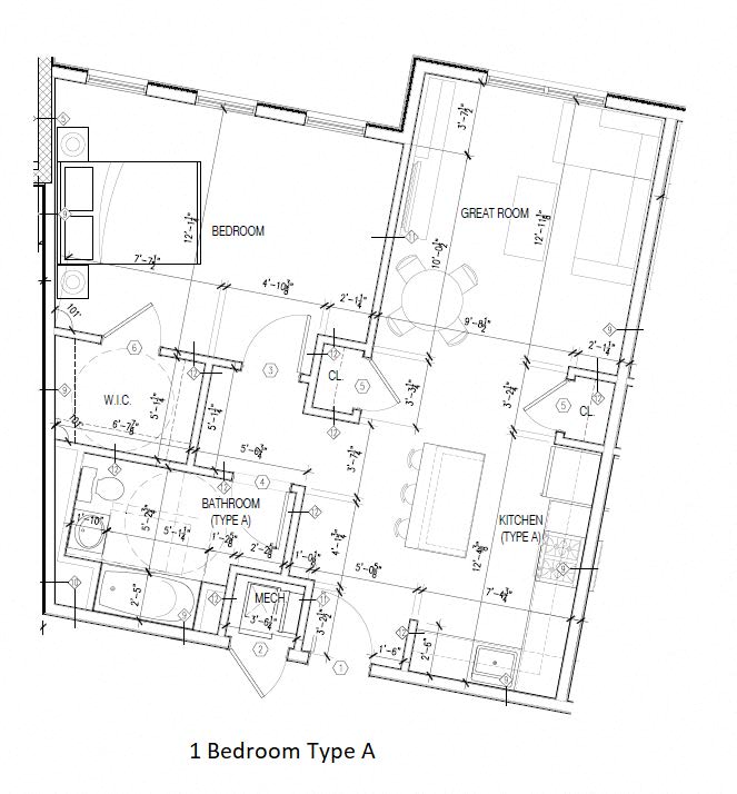 Floor plan for 1 bed, 1 bath, 685 sqft