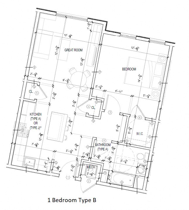 Floor plan for 1 bed, 1 bath