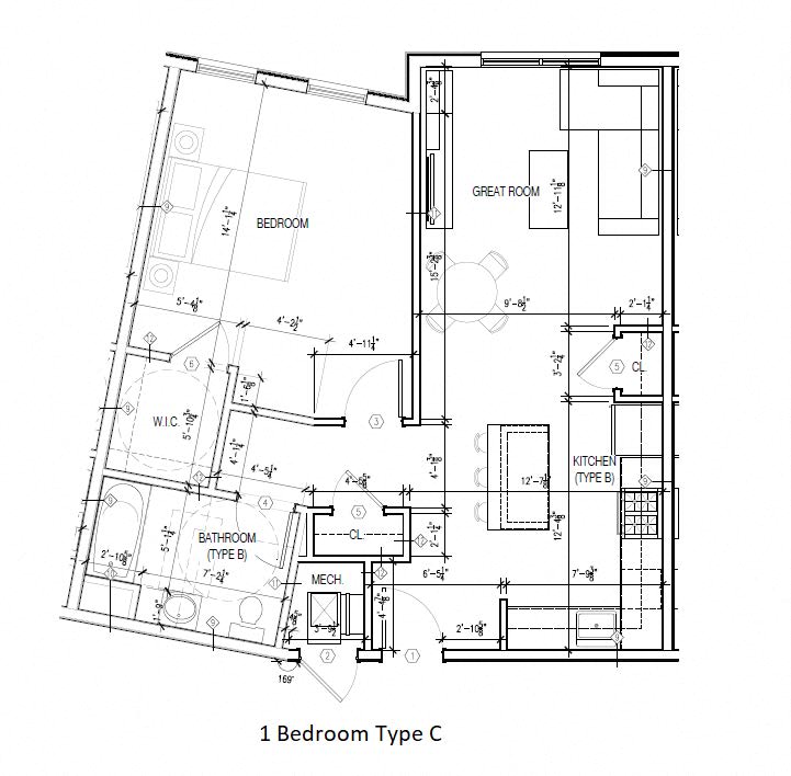 Floor plan for 1 bed, 1 bath
