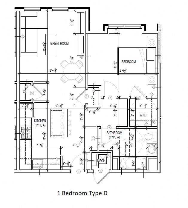 Floor plan for 1 bed, 1 bath
