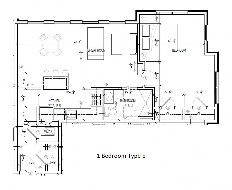 Floor plan for 1 bed, 1 bath