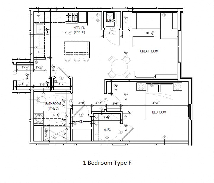 Floor plan for 1 bed, 1 bath