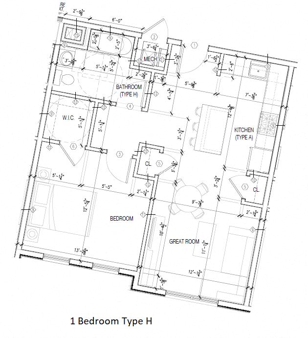 Floor plan for 1 bed, 1 bath