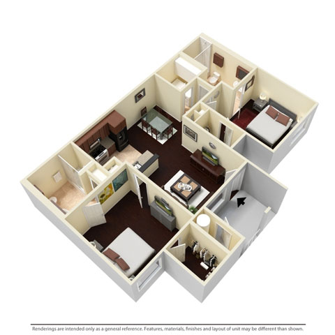 Floor plan for 2 beds, 2 baths, 1107 sqft