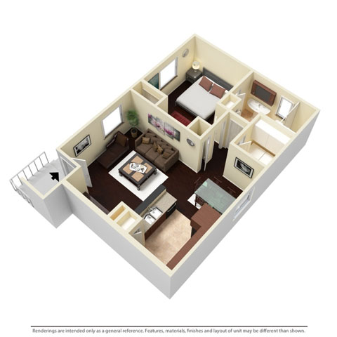 Floor plan for 1 bed, 1 bath, 644 sqft
